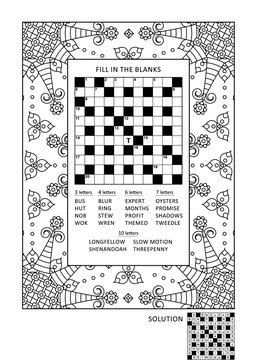Crossword puzzle and coloring activity page for grown-ups with criss-cross, or fill-in, else kriss-kross word game (English) and wide decorative frame to color. Family friendly. Answer included.
