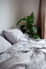 morning mess on the bed, light bedding
