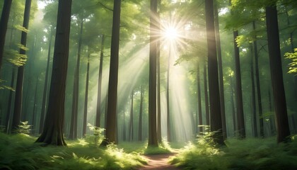 A serene forest scene with tall trees and dappled upscaled 2