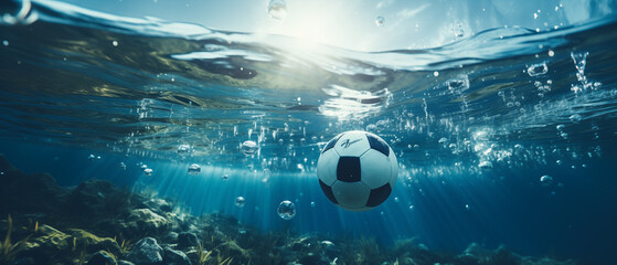 Soccer Ball Floating Under Water with Sunlight and Bubbles