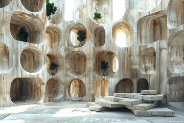 A breathtaking architectural interior of cylindrical concrete structures with circular openings and greenery