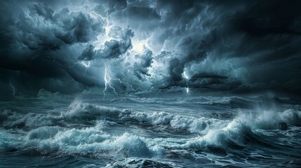 Obraz premium The dark clouds loom over the ocean, and the waves crash against the shore. The storm is coming.