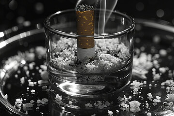 A cigarette is smoking in a glass with salt.