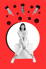 Vertical photo collage of upset girl sit alone hand insult point index finger unhappy emoji...