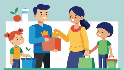 A parent involves their children in the shopping process teaching them about the importance of mindful and ethical consumption..