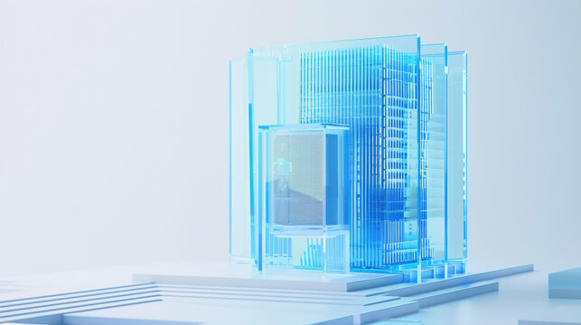 Modern 3D server racks on white background in blue tones