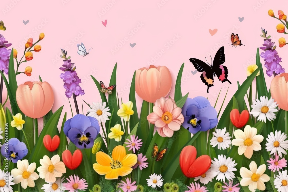Poster pink background adorned with vibrant flowers and delicate butterflies in a harmonious composition