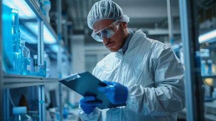 A man in a lab coat is focused on looking at the information on a clipboard in a laboratory setting