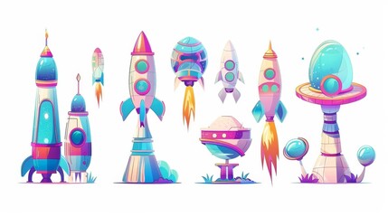 Illustrations showing spaceships and rockets for universe exploration, cosmic base elements and alien settlements isolated on white backgrounds. - obrazy, fototapety, plakaty