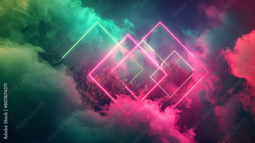 Poster vibrant neon squares floating amongst the clouds in a mesmerizing display of color and movement