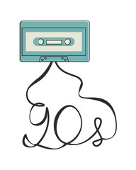 Blue audio cassette. Tangled tape. Inscription. Music of 90s. Broken cassette. Flat vector retro illustration. Logo on white background.