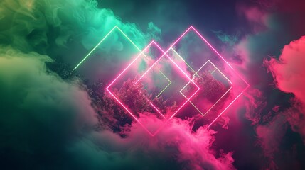 Vibrant neon squares floating amongst the clouds in a mesmerizing display of color and movement