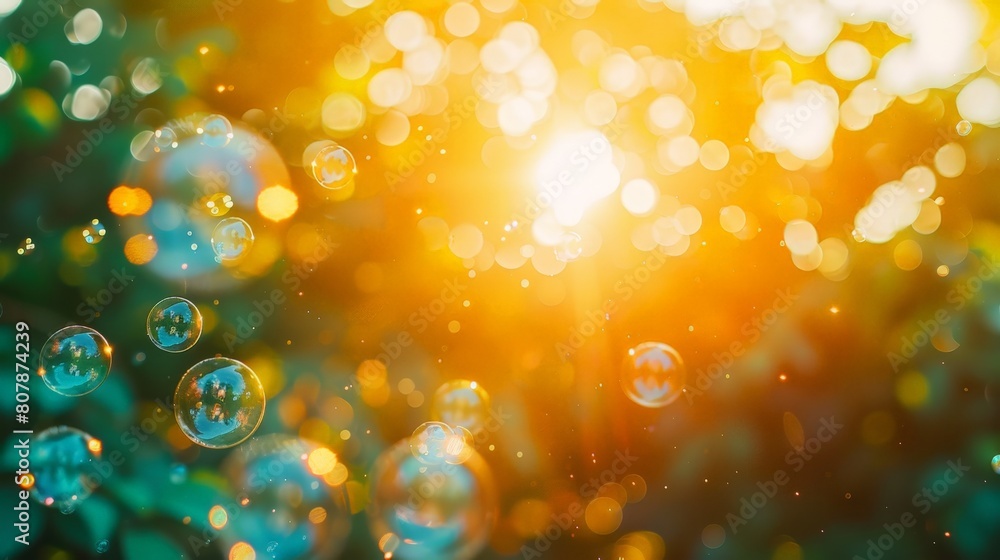 Fototapete soap bubbles reflecting sunlight, floating gracefully on a vibrant green background, creating a mesm