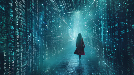 Young woman traverses a futuristic digital world in mystery