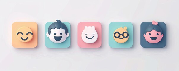 A 3D illustration of Joyful Expressions, Playful App Icons with Character Faces in Pastel Tones