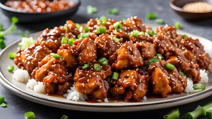 A platter of General Tso's chicken, glazed in a tangy sauce and garnished with sesame seeds and green onions

