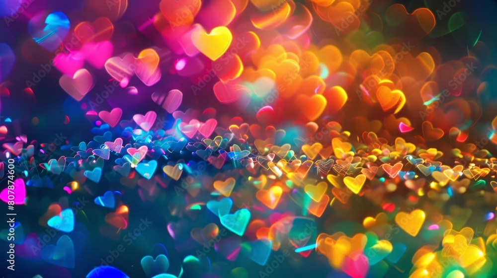 Poster various vibrant hearts scattered on a black backdrop, creating a striking contrast between the brigh