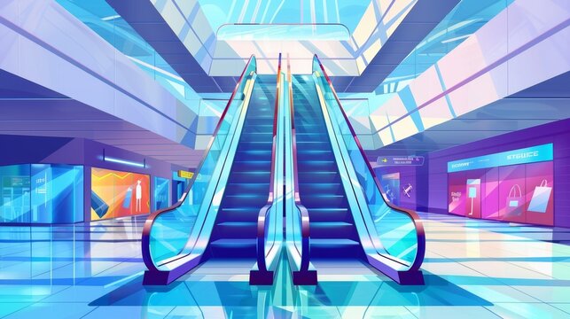The escalators in a mall with the glass railing and advertising. Modern cartoon illustration of escalators in an airport, metro, shopping mall.