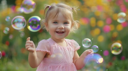 A young girl happily plays in a garden, blowing and chasing soap bubbles