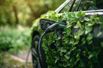 A green car covered in ivy is connected to an electric charger, symbolizing eco-friendly transportation and sustainability