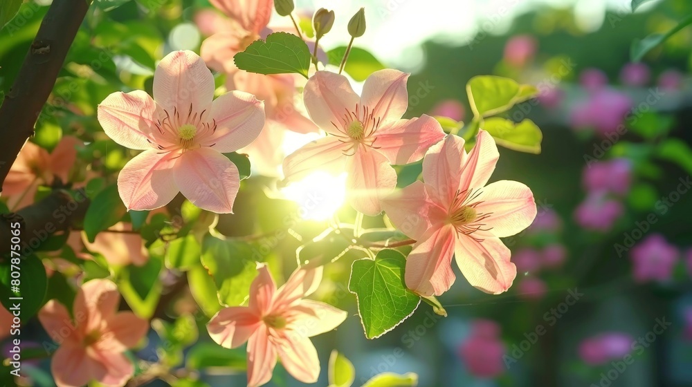 Poster the suns rays illuminate pink clematis flowers on a tree, creating a vibrant and colorful scene in n