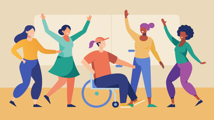 A dance class for individuals with physical disabilities using assistive devices and creative adaptations to make sure everyone can fully engage in. Vector illustration