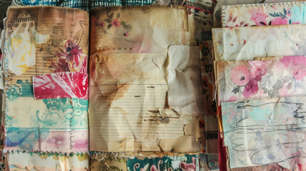 Vintage junk journal spread with floral and textured papers