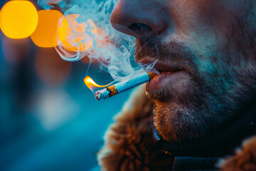 Fototapeta premium A man smoking a cigarette in the city.