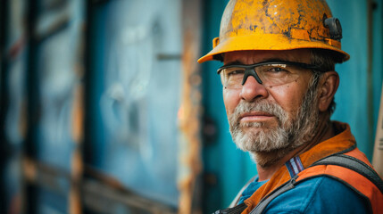 Close-up portrait of a male worker with helmet. A man with brutal, expressive facial features. Hard work in a factory