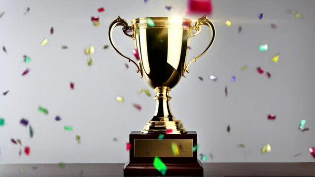 Golden trophy with confetti. Seamless looping time-lapse video animation background