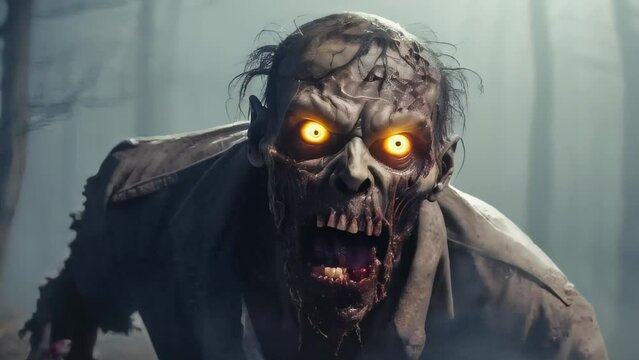 A hungry zombie with crazy eyes tries to approach its victim through the fog
