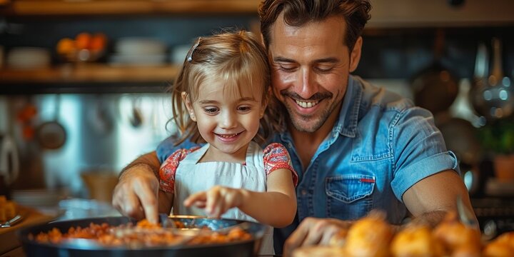 In the kitchen, a smiling father and his children bond over cooking, creating happiness and togetherness.