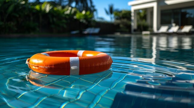 An orange life preserver buoyantly floats on the surface of a pool, ready to provide safety and support in case of emergency