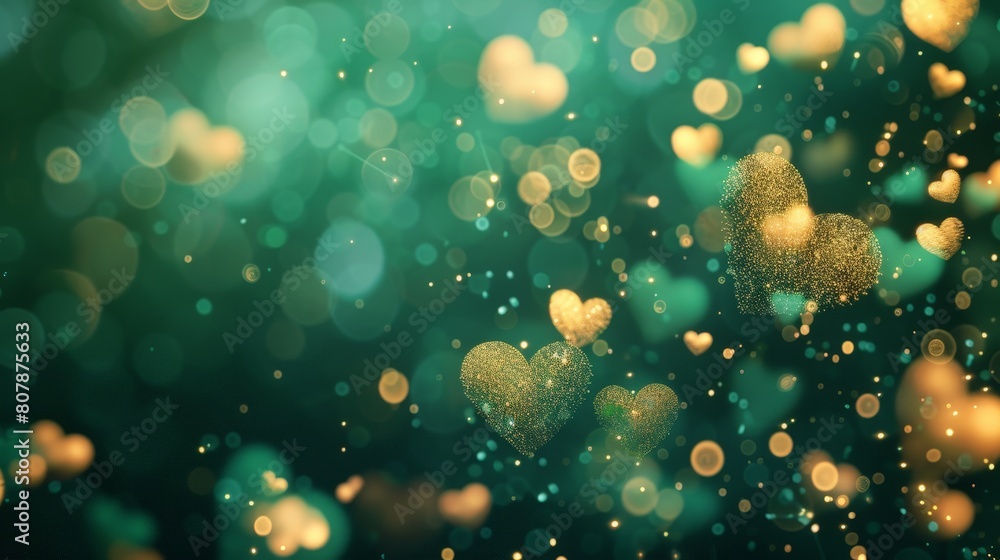 Poster a background featuring green and gold colors with blurred hearts creating a bokeh effect