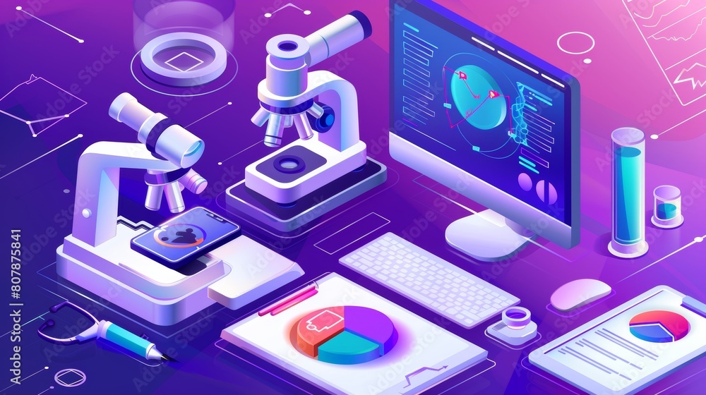 Poster the isometric landing page shows a microscope, smartphone, graph, pie chart, and other items lying a
