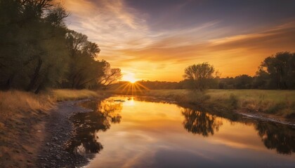 A serene river reflecting the golden hues of a bre upscaled 3