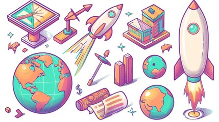 Icons set rocket take off, globe with GPS pins and isometric data analysis, or finance growth chart and money isolated on white background, green color line art flat modern illustration, clipart.