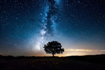 Lone tree under star-filled sky, perfect for themes of solitude, nature, and the cosmos