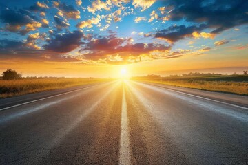 Naklejka premium Scenic highway leads to a sunset-lit mountain range on an open road journey. Beautiful simple AI generated image in 4K, unique.