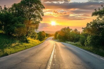 Fototapeta premium Captivating shot of an empty weathered road stretching towards a dramatic sunset horizon under a cloud-filled sky. Beautiful simple AI generated image in 4K, unique.