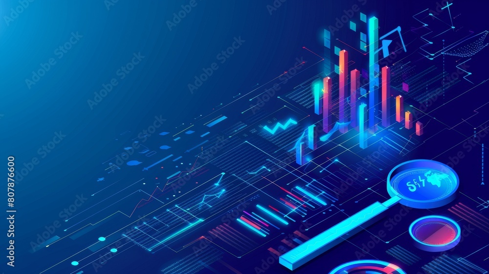 Poster isometric chart banner on blue background for keyword research tool. line art diagram of data analys