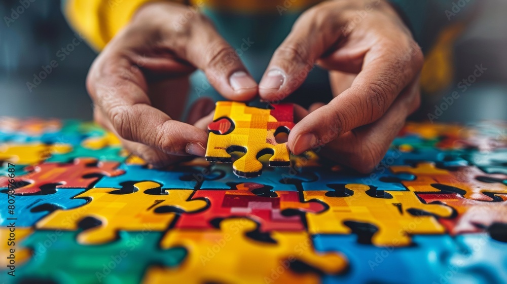 Poster A person holding a piece of jigsaw puzzle on top of colorful table, AI