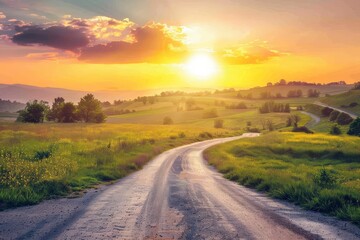 Obraz premium Captivating shot of an empty weathered road stretching towards a dramatic sunset horizon under a cloud-filled sky. Beautiful simple AI generated image in 4K, unique.