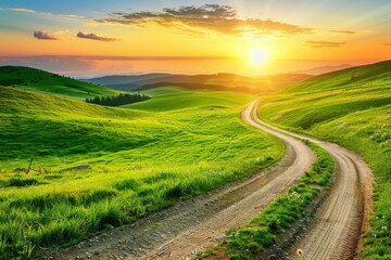 Fototapeta premium Scenic highway leads to a sunset-lit mountain range on an open road journey. Beautiful simple AI generated image in 4K, unique.