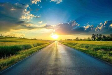 Captivating shot of an empty weathered road stretching towards a dramatic sunset horizon under a cloud-filled sky. Beautiful simple AI generated image in 4K, unique.