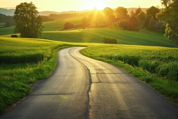 Naklejka premium Captivating shot of an empty weathered road stretching towards a dramatic sunset horizon under a cloud-filled sky. Beautiful simple AI generated image in 4K, unique.