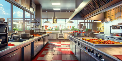 Fast Food Kitchen Floor: Featuring food preparation stations, fryers, grills, assembly areas, and kitchen staff preparing orders