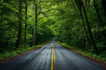 Scenic highway leads to a sunset-lit mountain range on an open road journey. Beautiful simple AI generated image in 4K, unique.