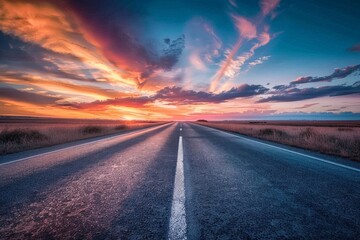 Fototapeta premium Captivating shot of an empty weathered road stretching towards a dramatic sunset horizon under a cloud-filled sky. Beautiful simple AI generated image in 4K, unique.