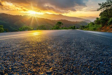 Scenic highway leads to a sunset-lit mountain range on an open road journey. Beautiful simple AI generated image in 4K, unique.